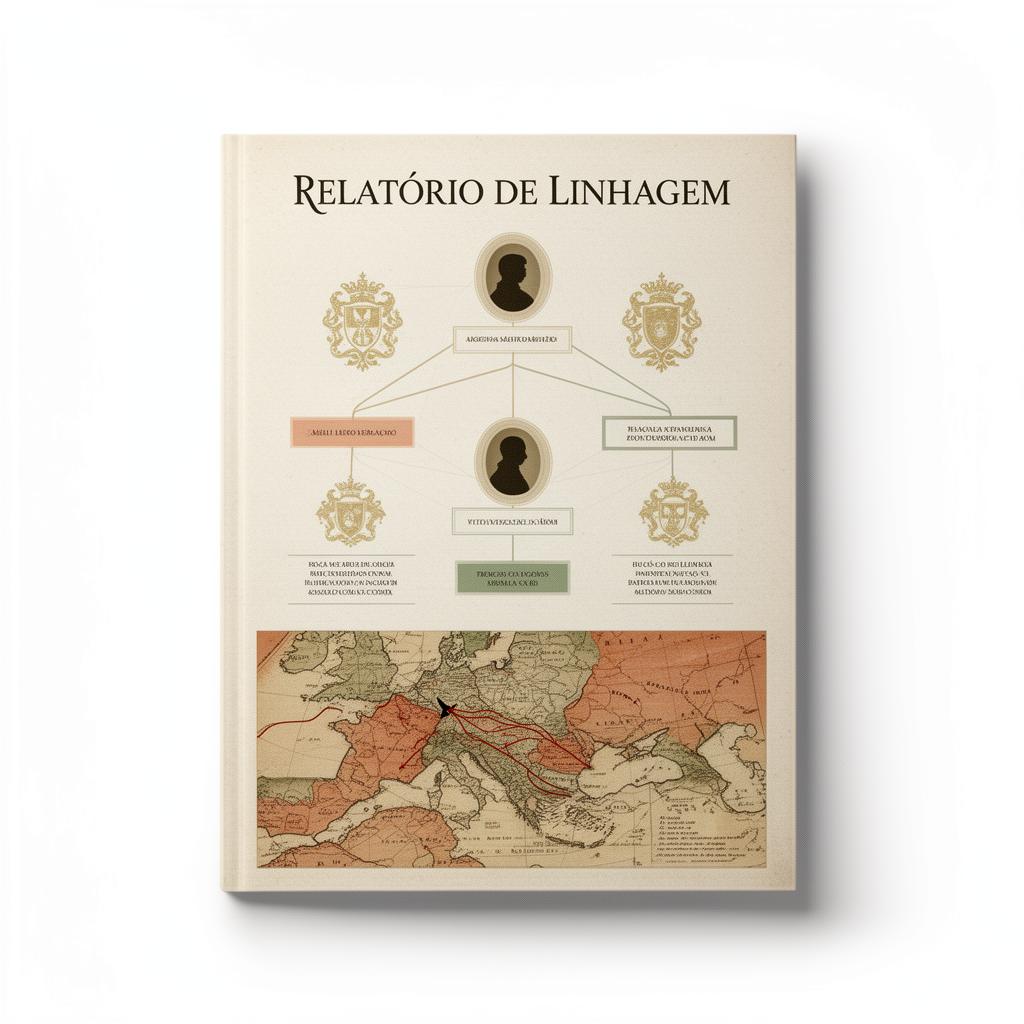 Pré-visualização do relatório de linhagem da MinhaOrigem com árvore genealógica e mapa de migração